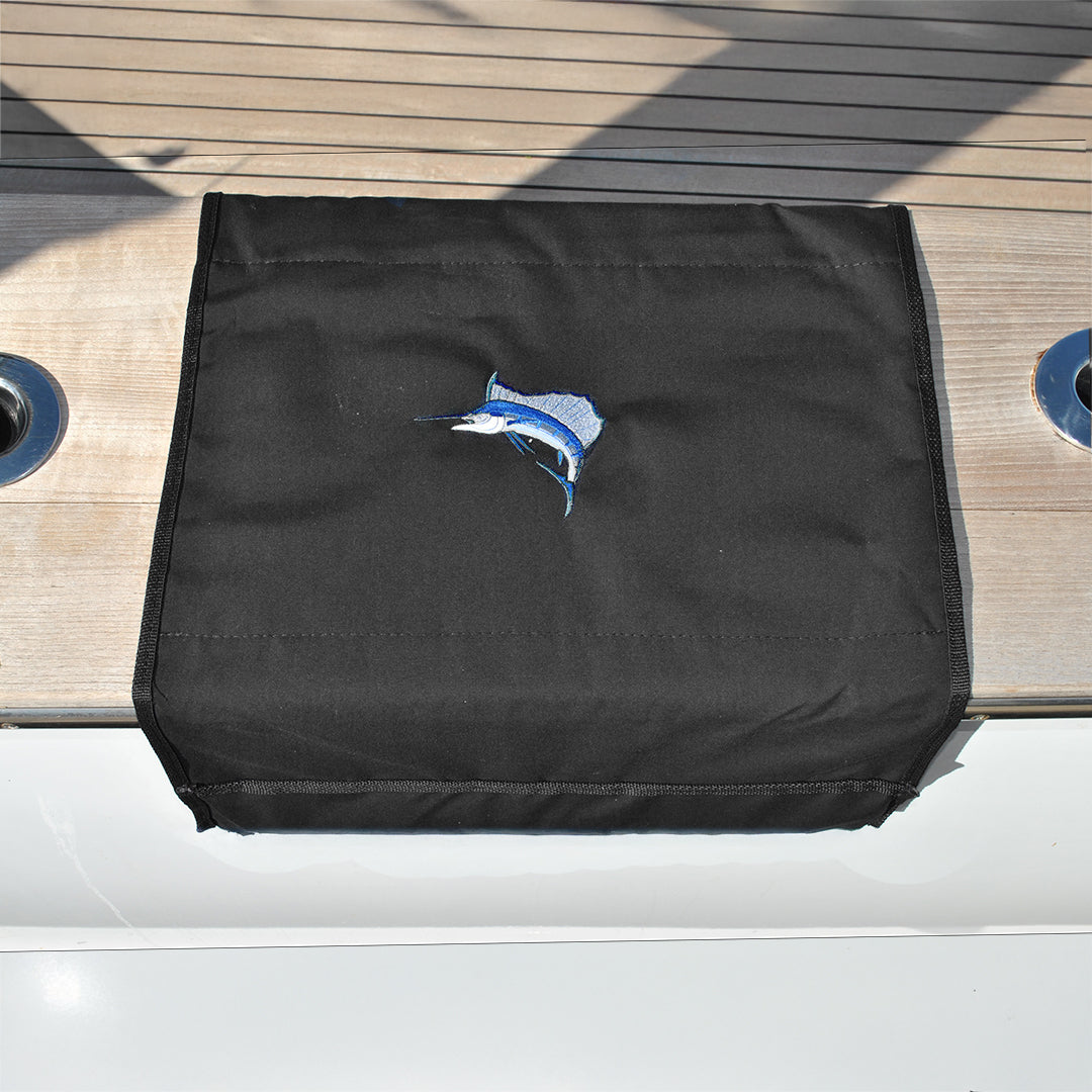 Black Gunwale Boarding Mat with Sailfish Embroidery on Sunbrella Canvas