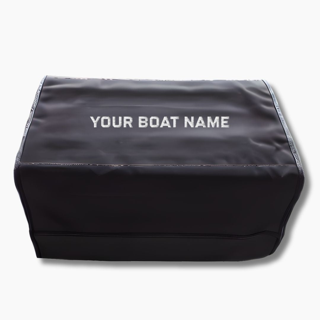 Black gunnel mat cover with 'YOUR BOAT NAME' embroidered custom to your specifications