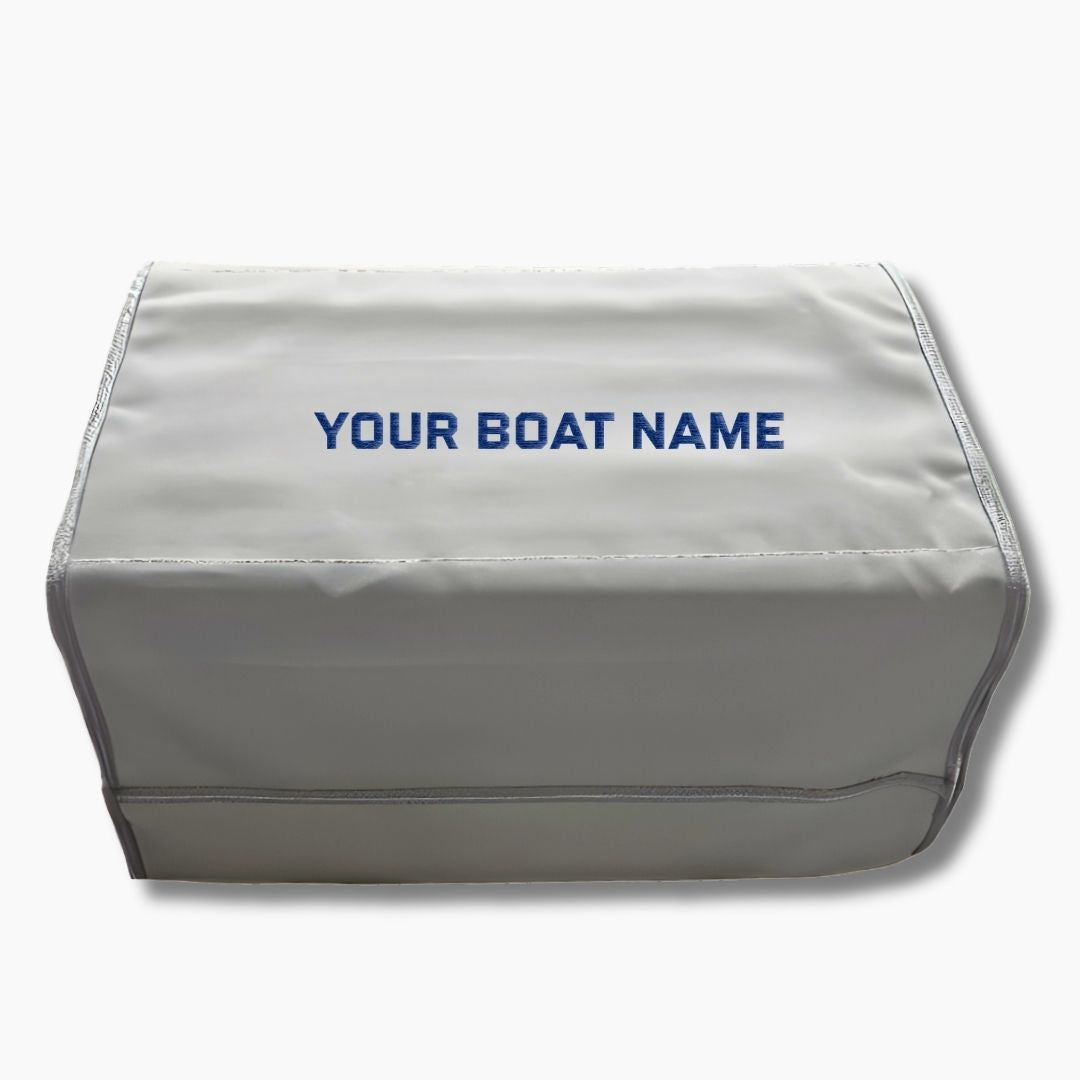 Gray boarding gunnel mat cover with 'YOUR BOAT NAME' embroidered custom to your specifications