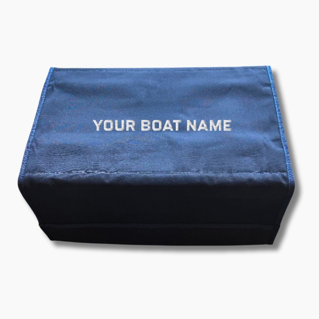 Navy Blue gunnel boarding mat with 'YOUR BOAT NAME' embroidered custom to your specifications