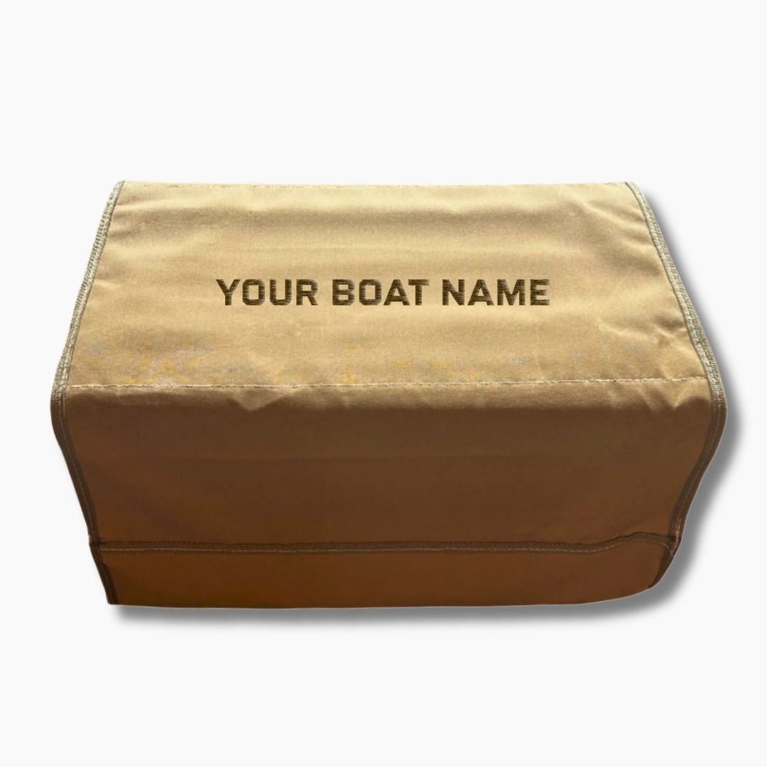 Tan brown gunnel boarding mat with 'YOUR BOAT NAME' embroidered custom for your boat or yacht