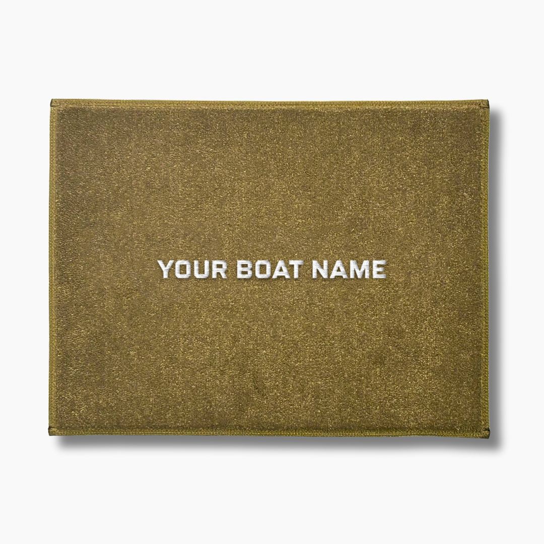 Custom Embroidered Tan Boat Mat with Your Vessel Name on Marine Grade Carpet