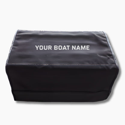 Black gunnel mat cover with 'YOUR BOAT NAME' embroidered custom to your specifications