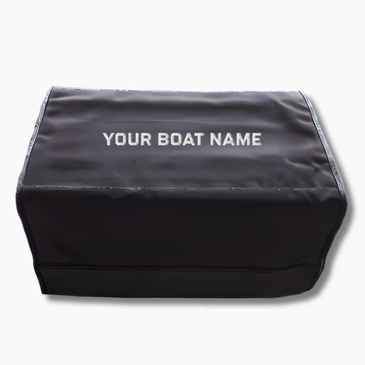 Black gunnel mat cover with 'YOUR BOAT NAME' embroidered custom to your specifications