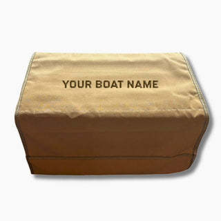 Tan brown gunnel boarding mat with 'YOUR BOAT NAME' embroidered custom for your boat or yacht