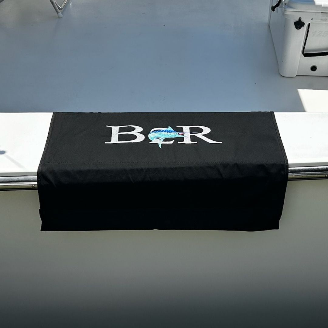 Custom BoatMat Gunnel Boarding Mat with B2R logo on a Sportfish Boat.