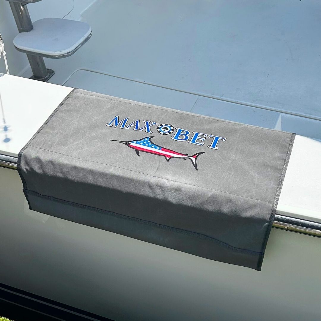 Embroidered Logo Custom BoatMat Gunnel Boarding Mat with Max Bet logo on Sportfish Boat.