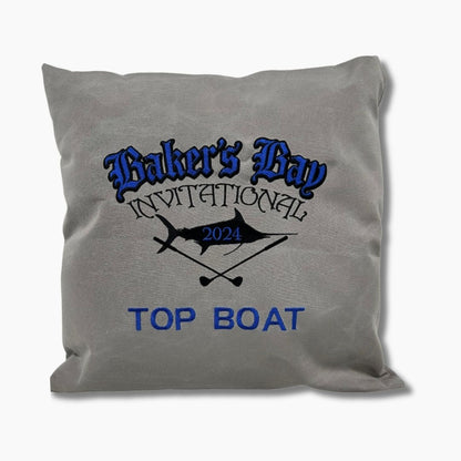 Gray sunbrella weighted boat pillow with 'Baker's Bay Invitational 2024 Top Boat' text and graphics 